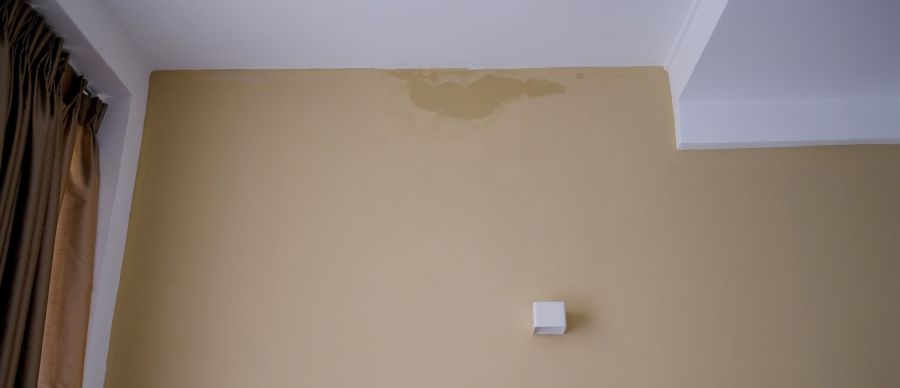 Eine beige gestrichene Wand mit einem feuchten Fleck oben in der Nähe der Decke.