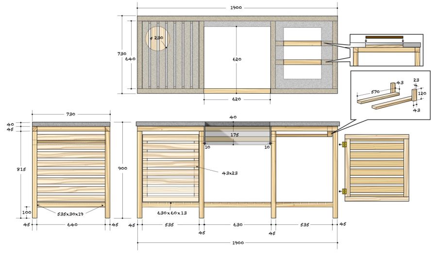 Skizze und Maße für Bauanleitung Grillstation