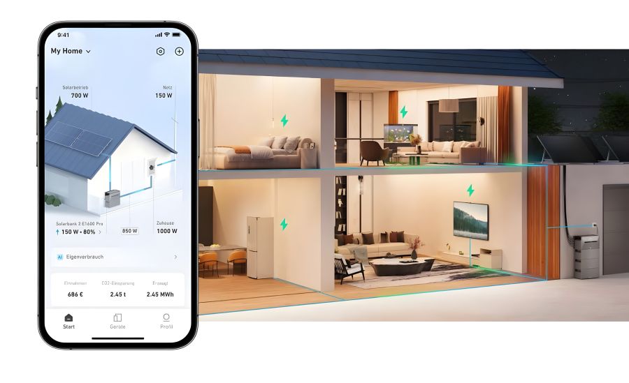 Smartphone zeigt eine App für Balkonkraftwerk mit Solarpanels und Stromspeicher in einem Haus, zur Energieverwaltung.