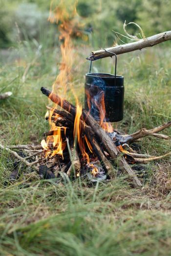 Offenes Feuer auf Rasen im Garten: Lagerfeuer