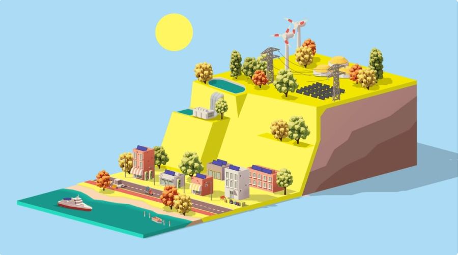 Animation zeigt eine Welt mit Solarmodulen auf den Dächern, Windrädern und Elektrofahrzeugen