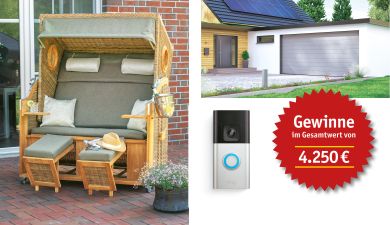 Strandkorb, Garagentor & Videotürklingeln, auf einem Gewinnspielstern steht "Gewinne im Gesamtwert von 4.250 Euro"