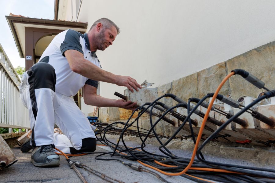 Ein Arbeiter, der außen an einem Gebäude arbeitet, indem er Kabel an ein Gerät an der Hauswand anschließt.