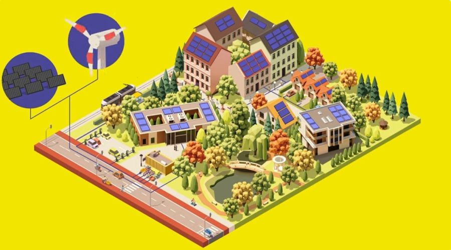 Animation zeigt ein städtisches Quartier mit Solaranlagen, stationärem Batteriespeicher und Ladeinfrastruktur