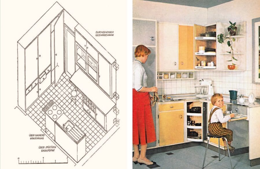 Links der Grundriss einer frühen, einfachen Küche - rechts die Abbildung einer kleinen, funktionalen Küche.