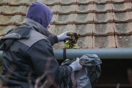 Eine Person entfernt Laub aus einer Dachrinne und sammelt es in einem schwarzen Müllbeutel.